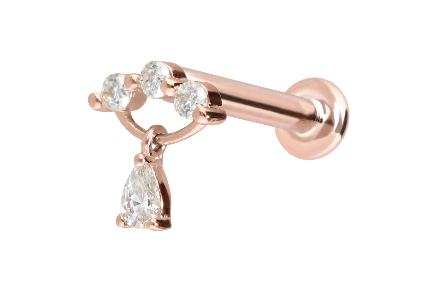 14 Karat Gold Labret Piercing mit Push Fit MOISSANIT-BOGEN + MOISSANIT-TROPFEN